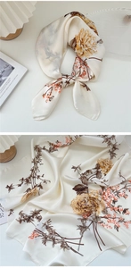 Detail of elegant floral square scarf with retro botanical patterns and silk texture