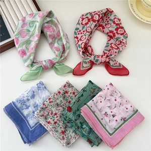 Floral Print Square Scarf French Vintage Cotton Polyester Headband Lightweight Breathable Neck Wrap For Women
