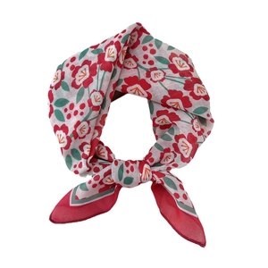 Floral cotton linen square scarf with red flowers and green leaves on white background