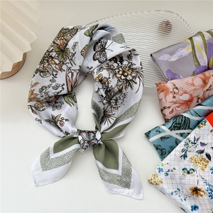 Floral silk square scarf with butterfly print and olive green border for women