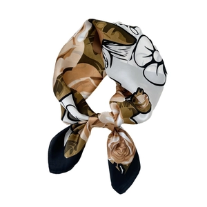 Floral silk square scarf with brown roses and black border for women neck accessories