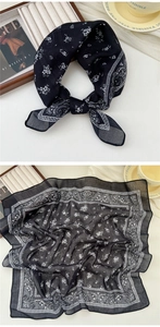 Detail of soft cotton linen square scarf with black and white floral paisley pattern