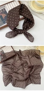 Close-up of soft coffee brown cotton linen scarf with white polka dots and fine edging