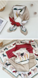 Dettaglio di un elegante foulard in seta con stampa equestre rossa e verde a motivi