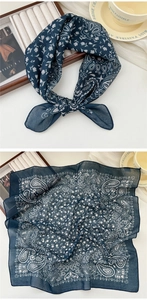 Navy blue paisley cotton linen square scarf showing classic patterns and knot styling