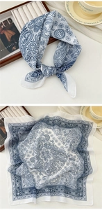 Detailed blue and white paisley pattern on soft cotton linen small square scarf