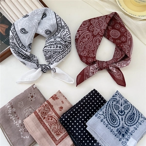 Breathable cotton linen square scarves with paisley and polka dot prints for women