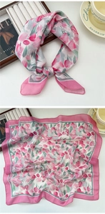 Detail of a pink tulip floral square scarf with elegant watercolor print and silk texture
