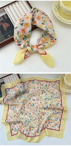 Detailed flat lay of a floral cotton linen small square scarf with light yellow borders