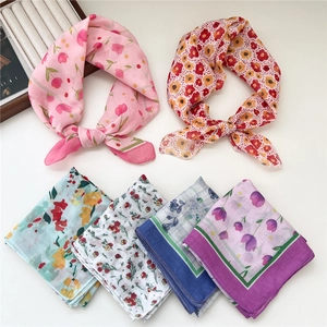 Breathable floral cotton linen square scarves in six assorted pastoral styles for women