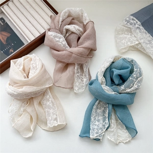 Elegant cotton linen scarf with lace patchwork in beige, pink, and blue color options
