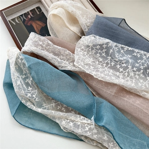 Lace cotton linen scarf in multiple colors with delicate floral embroidery for women