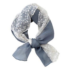 Lace cotton linen scarf in grey-blue with elegant flower embroidery and bow tie design
