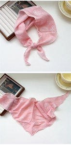 Pink paisley triangle scarf with white lace trim and floral print details