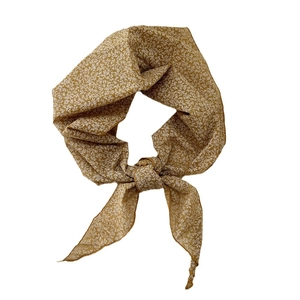 Mustard yellow floral cotton linen triangle scarf with white flower print for women