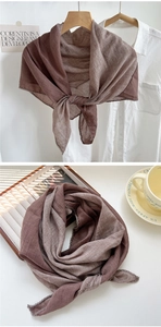 Detail of two-tone gradient cotton linen scarf featuring wave hollow lace edges