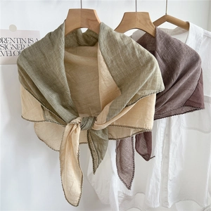 Women Two-Tone Spliced Cotton Linen Scarf Breathable Sun Protection Shawl With Crochet Lace Edge Lightweight Fashionable Wrap