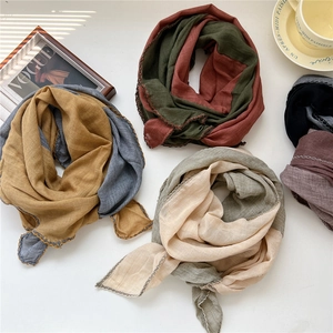 Two-tone cotton linen scarf with contrast stitching, long lightweight shawl for women