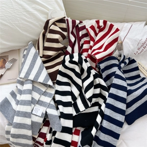 Details gestreifter Strickschals mit Materialzusammensetzung und verschiedenen Farben