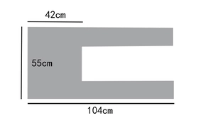 Detailed size chart of the striped knitted shawl showing dimensions 42cm, 55cm, and 104cm