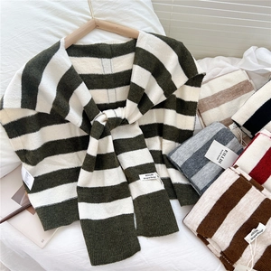 Striped knit shawl for women in dark green and beige, soft casual shoulder wrap accessory
