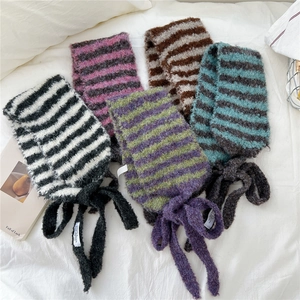 Écharpe En Tricot À Rayures Avec Liens Chaud Hiver Peluche Cache-Col Foulard Style Coréen Doux Pour Femmes