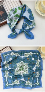 Flat lay and knotted view of square cotton linen scarf with blue botanical bird prints