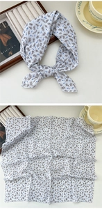 Close-up of floral cotton-linen square scarf with delicate blue flower bud pattern print