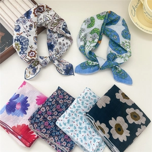 Floral cotton linen square scarves collection in French print for neck and head styling