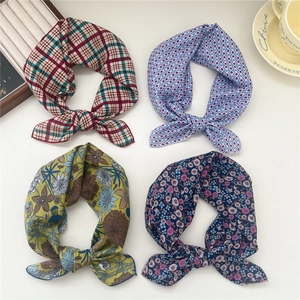 Set of four cotton linen square scarves featuring vintage floral and plaid patterns