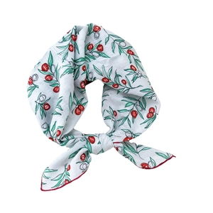 Elegant cotton linen square scarf featuring realistic cherry print and red stitched edges