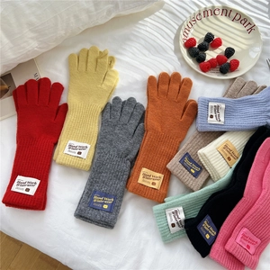 Colorful winter knitted gloves with cute bear labels and two-finger touchscreen feature