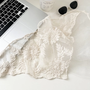 Detailed macro view of ivory floral lace fabric with elegant sun flower embroidery patterns