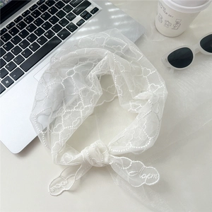 Vue détaillée du foulard en dentelle blanche avec motifs de cœurs et broderie