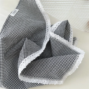 Plaid cotton linen triangle scarf with white embroidery lace trim for women