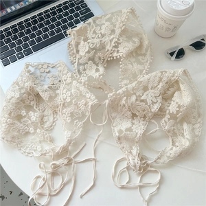 Floral Embroidered Lace Triangle Headscarf Mesh Bandana With Straps Retro Pastoral Style Hair Accessory For Women