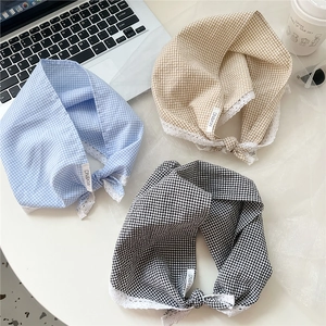 Gingham Check Triangular Bandana Scarf With Lace Trim Cotton Linen Retro Headscarf For Women Sweet Fashion Accessory