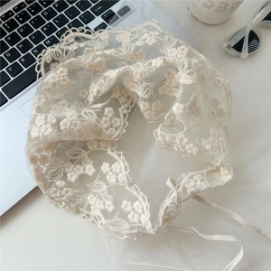 Beige floral lace triangle scarf with delicate embroidery for hair or neck decoration