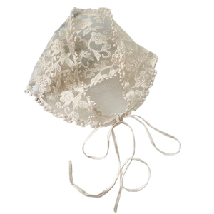 Vintage lace floral embroidery baby bonnet in beige with mesh texture and long ties