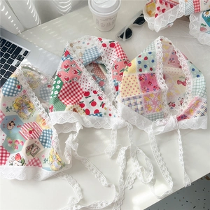 Triangle Bandana Headscarf French Retro Cotton Lace Trim Patchwork Floral Print Hair Band Neck Scarf For Women