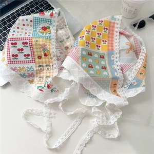 Lace cotton triangle hair scarf with vintage floral patterns and long lace straps