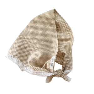 Brown gingham cotton triangle scarf with white lace trim and minimalist brand tag