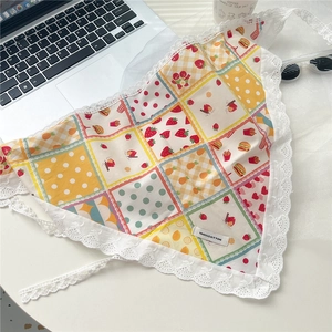 Detailed flat lay of 100% cotton floral lace kerchief with strawberry and picnic prints