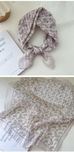 Detailed texture of lightweight purple floral square scarf with elegant leaf pattern