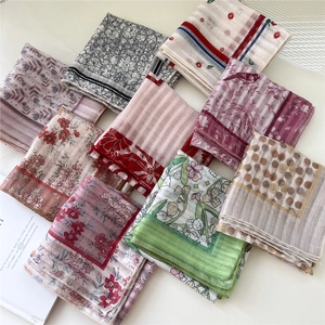 Collection of vintage floral cotton linen square scarves in assorted pastel patterns