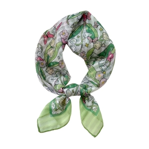 Lightweight cotton linen floral square scarf with lily of the valley and butterfly print
