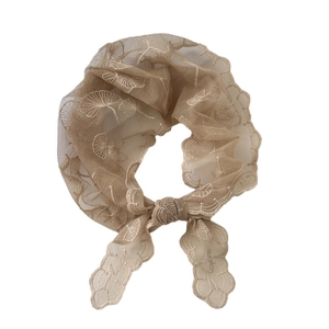 French retro champagne lace hair scarf with ginkgo leaf embroidery on mesh fabric