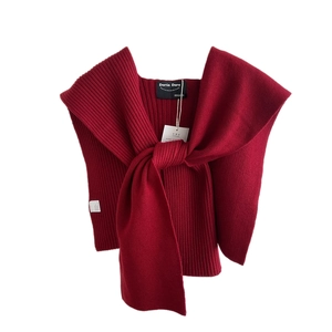 Solid red knitted shawl shoulder wrap with ribbed texture and knotted front design