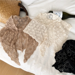 Floral crochet lace shawl scarf in beige and black, elegant vintage hollowed triangle wrap