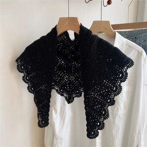 Handcrafted black cotton crochet triangle shawl with delicate hollow lace patterns